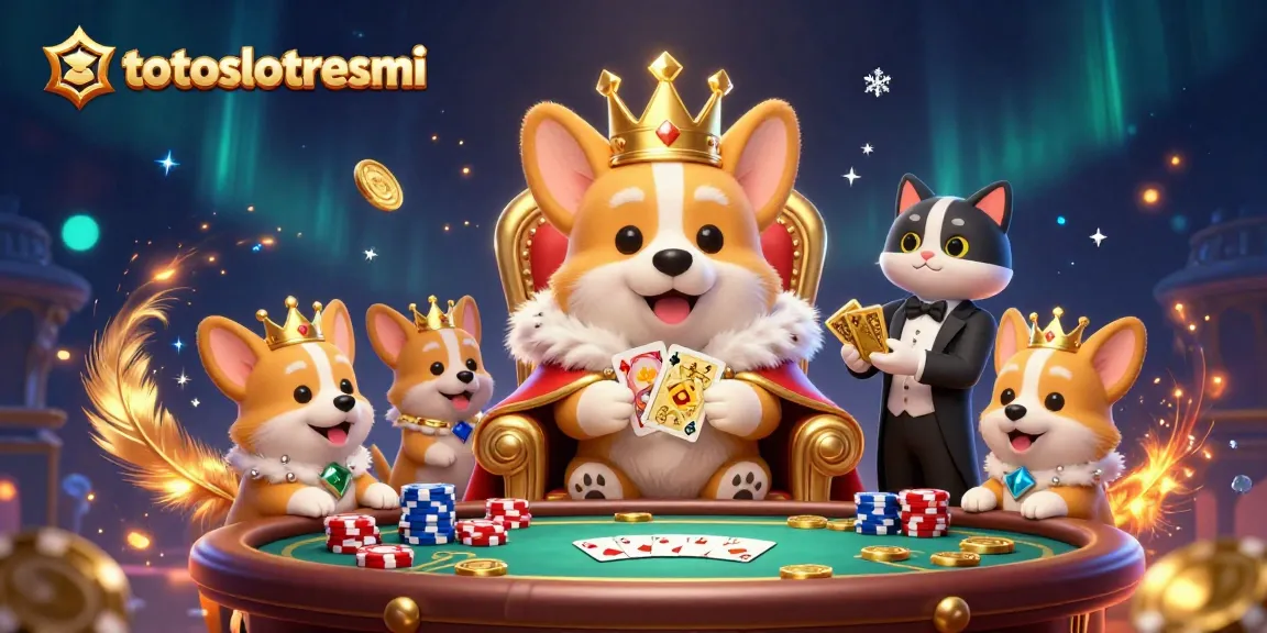 Experience excitement at totyoslotresmi with a royal corgi and cat butler in a vibrant casino setting.
