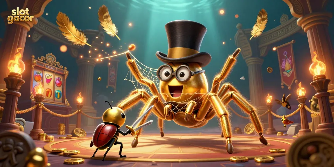 Witness a thrilling slot gacor scene with a golden tarantula and beetle knight in a dynamic casino setting.