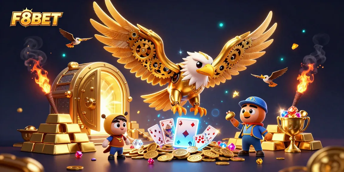 Engage with vibrant F8BET gaming adventure featuring a cybernetic eagle among dazzling treasures and cards.