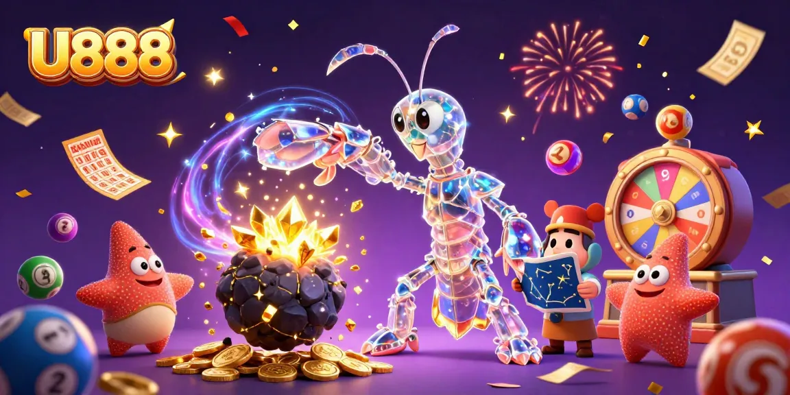 U888 engages players in a vibrant 3D casino scene filled with colorful lottery balls and golden prizes.