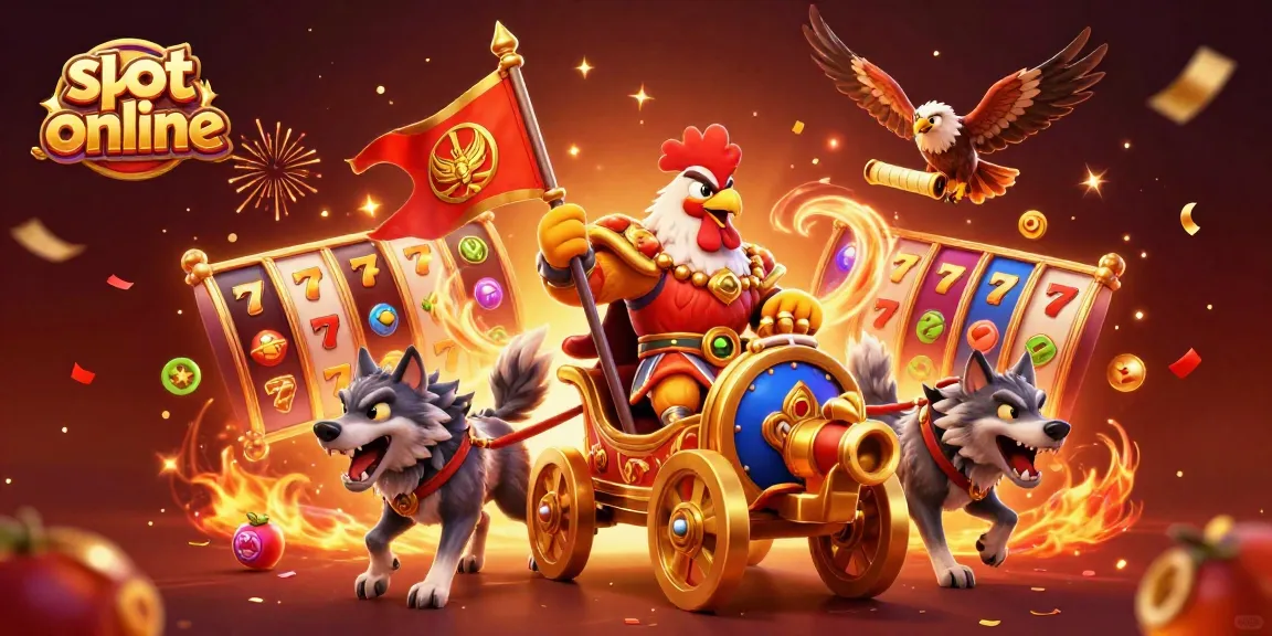 Putar permainan slot online dengan banyak simbol keberuntungan dan aksi menarik di latar belakang.