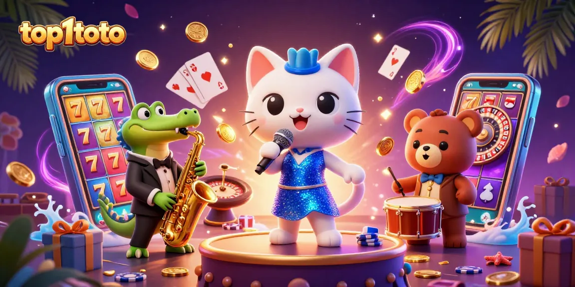 Engage with top1toto's vibrant casino scene featuring a singing cat, saxophone crocodile, and drumming bear cub.