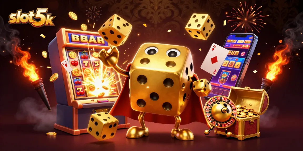 Spin the reels with excitement at slot 5k as golden dice and a jackpot explosion create a thrilling casino scene.