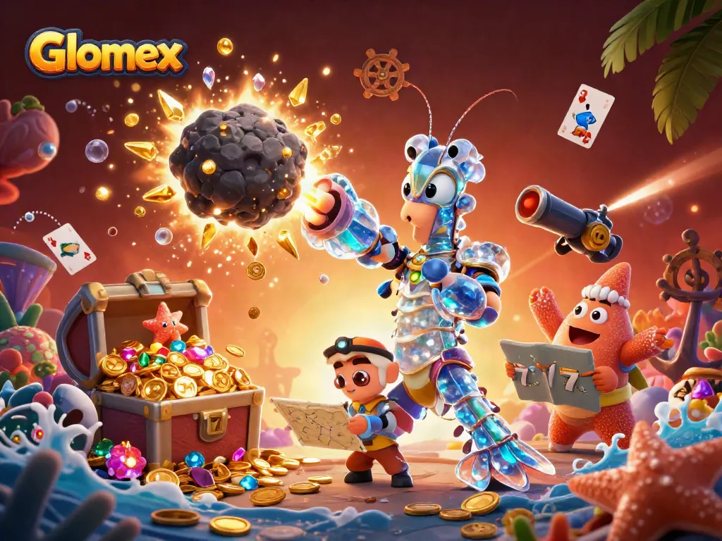 Glomex boosts your gaming with explosive wins and treasure-filled adventures in this casino-themed digital art.