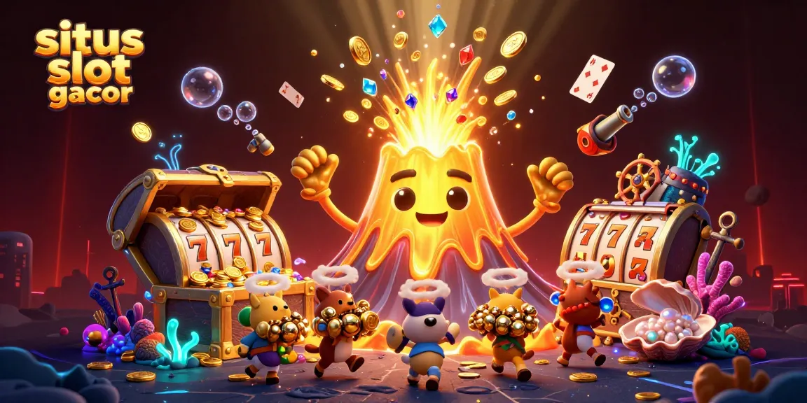 Situs slot gacor showcases a dynamic 3D scene of a victorious volcano erupting treasure, capturing the excitement of slot gaming.
