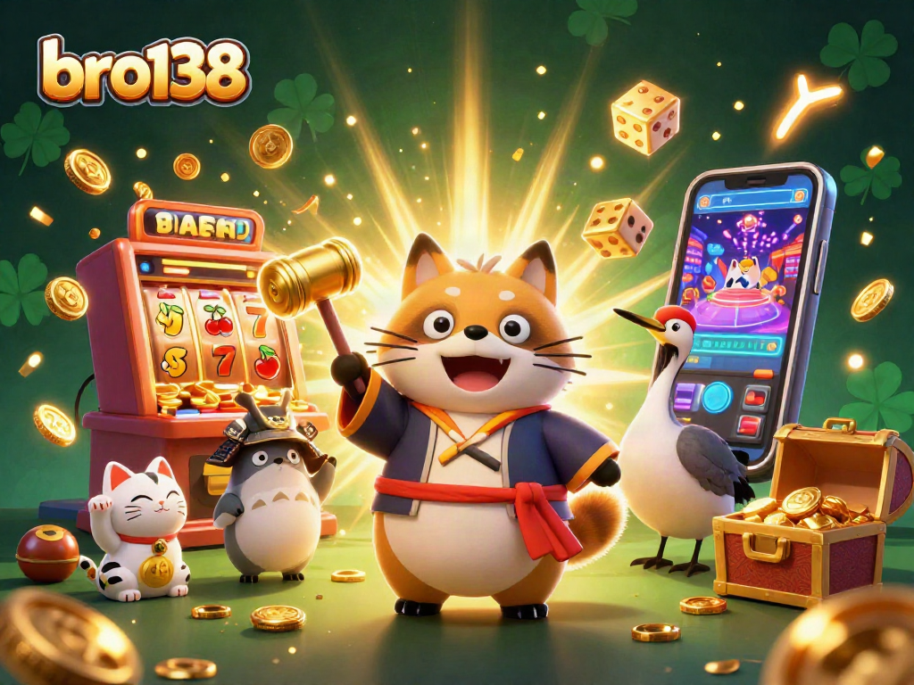 Spin big wins with bro138 at a vibrant casino scene featuring joyful characters and exciting game elements.