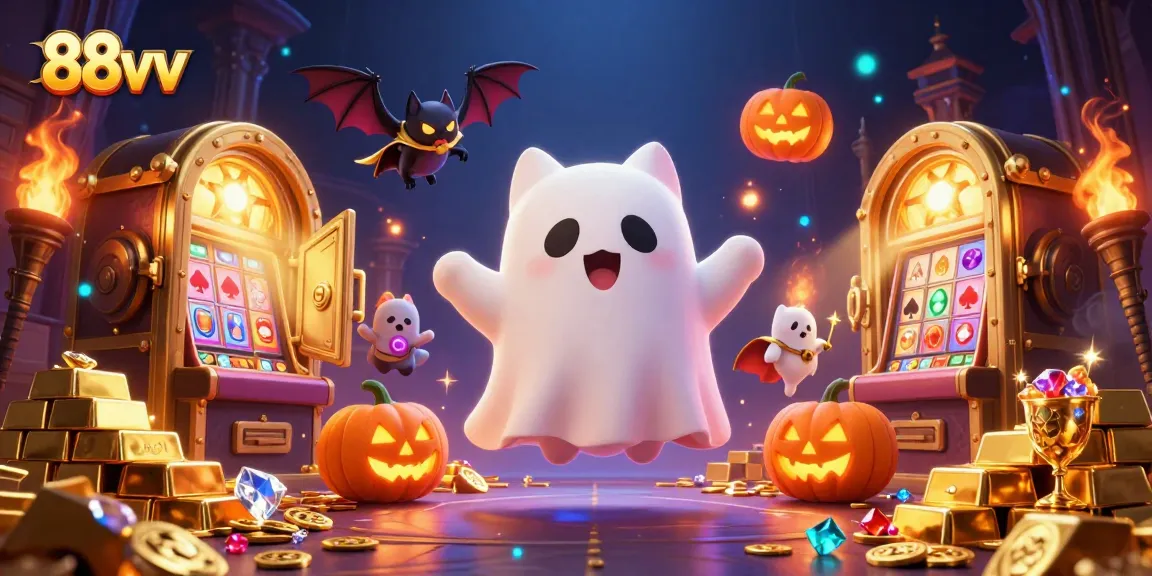 88vv captures a ghost cat and bat in a magical casino setting, illuminating the thrill of online gambling.