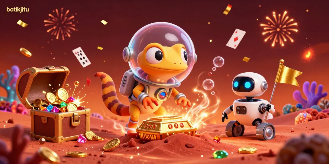 Batikjitu menampilkan kasino emas di Mars, menarik perhatian pemain dengan simbol permainan yang memukau.