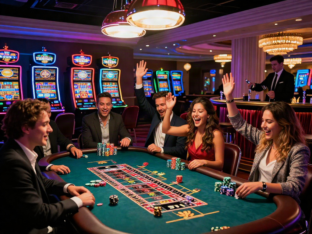 Exciting kebuntoto gaming scene with friends celebrating at a casino table under neon lights.