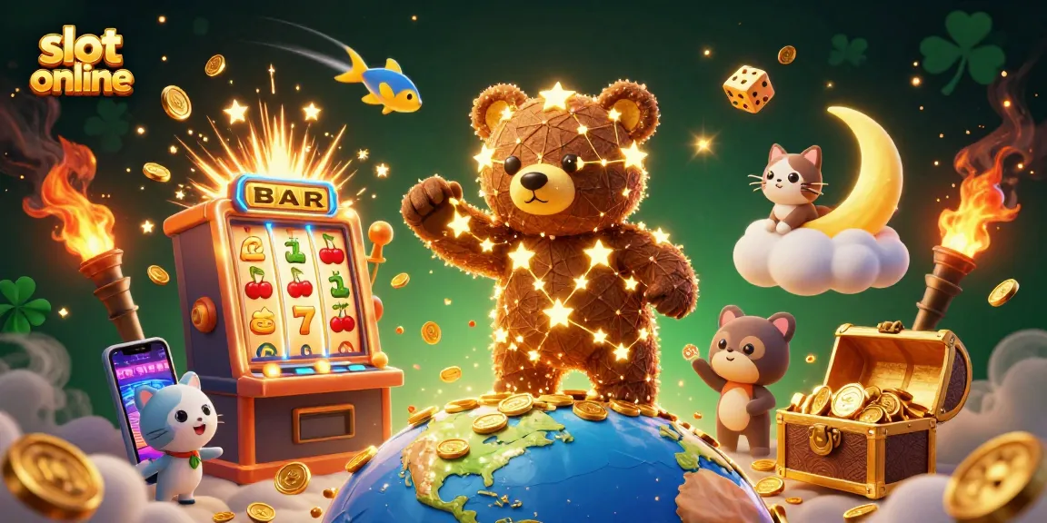 Memenangkan slot online dengan ilustrasi kasino yang megah dan berwarna, menampilkan simbol slot dan kucing bulan sabit.