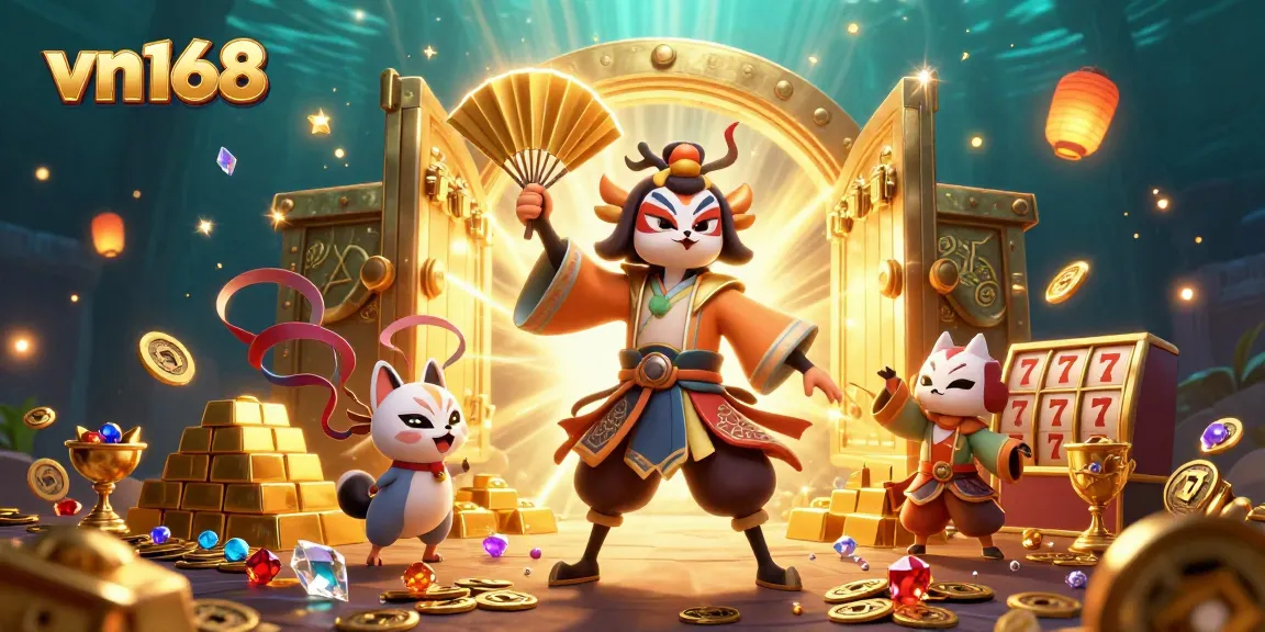 Experience winning moments at vn168 with vibrant 3D casino illustration featuring luck and treasures.