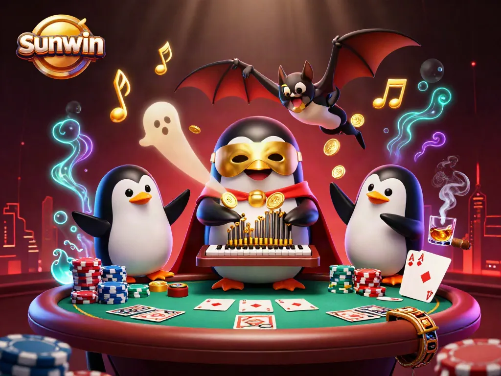Engage with sunwin's thrilling atmosphere as a penguin plays a golden pipe organ shooting coins in a vibrant casino scene