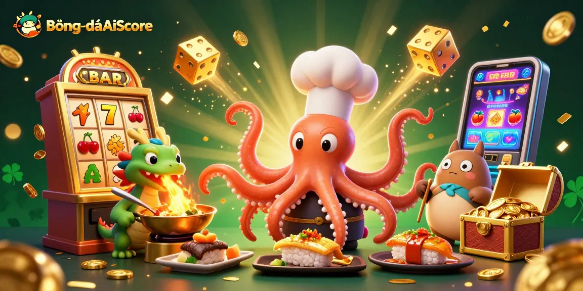 BóngđáAiScore showcases thrilling action with a captivating scene of a cartoon octopus chef, dragon, and tanuki customer surrounded by dynamic casino elements.