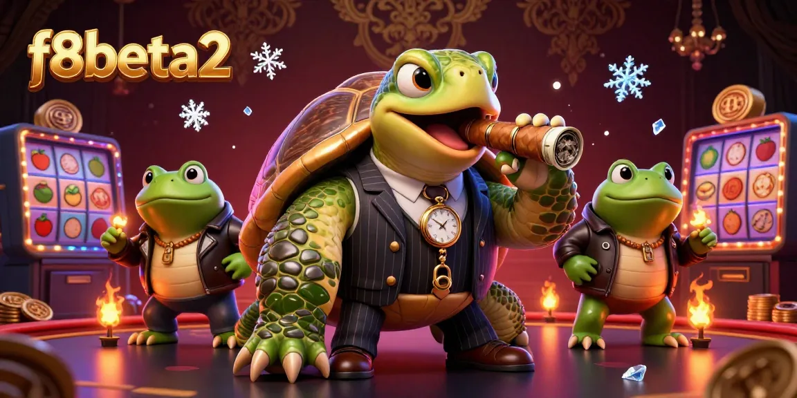 Experience vibrant gambling action at f8beta2 with a snapping turtle in a mobster suit amidst dynamic casino elements.