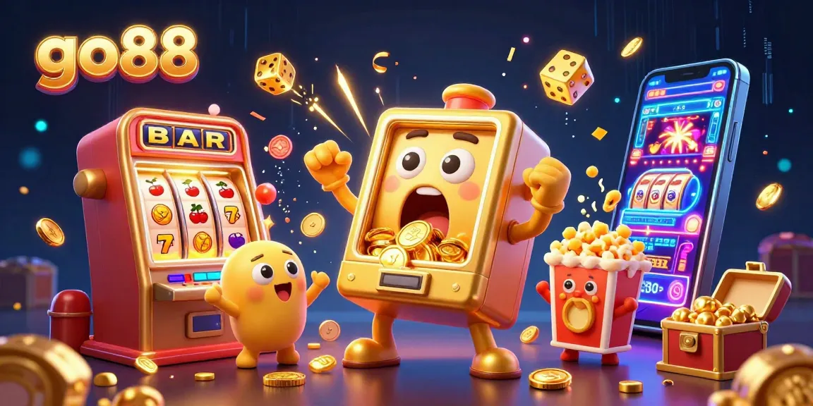 Go88 slot machines celebrate jackpots with coins pouring, showcasing a lively casino atmosphere.