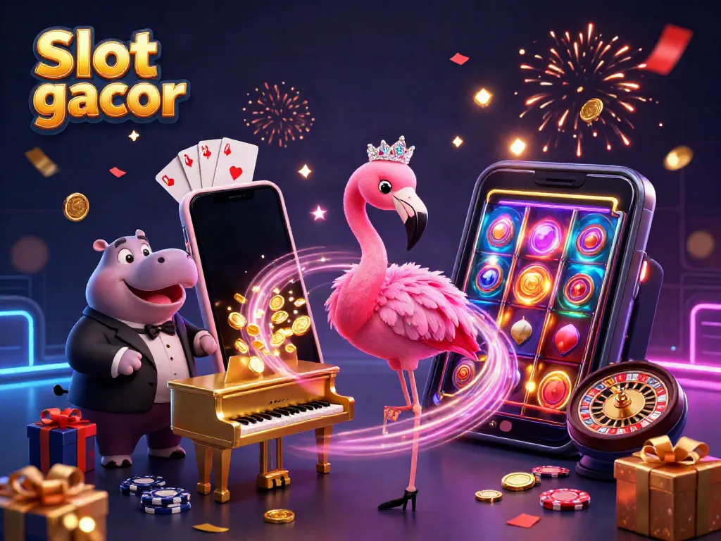 Engage with dynamic Slot gacor excitement through vibrant casino-themed illustration featuring lively characters and slot gameplay.