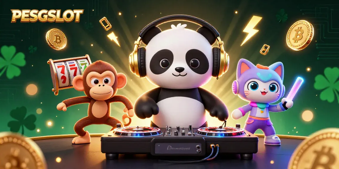 PESGSLOT menghidupkan pengalaman slot dengan panda DJ dan karakter memilih keberuntungan di dalam kasino yang penuh warna.