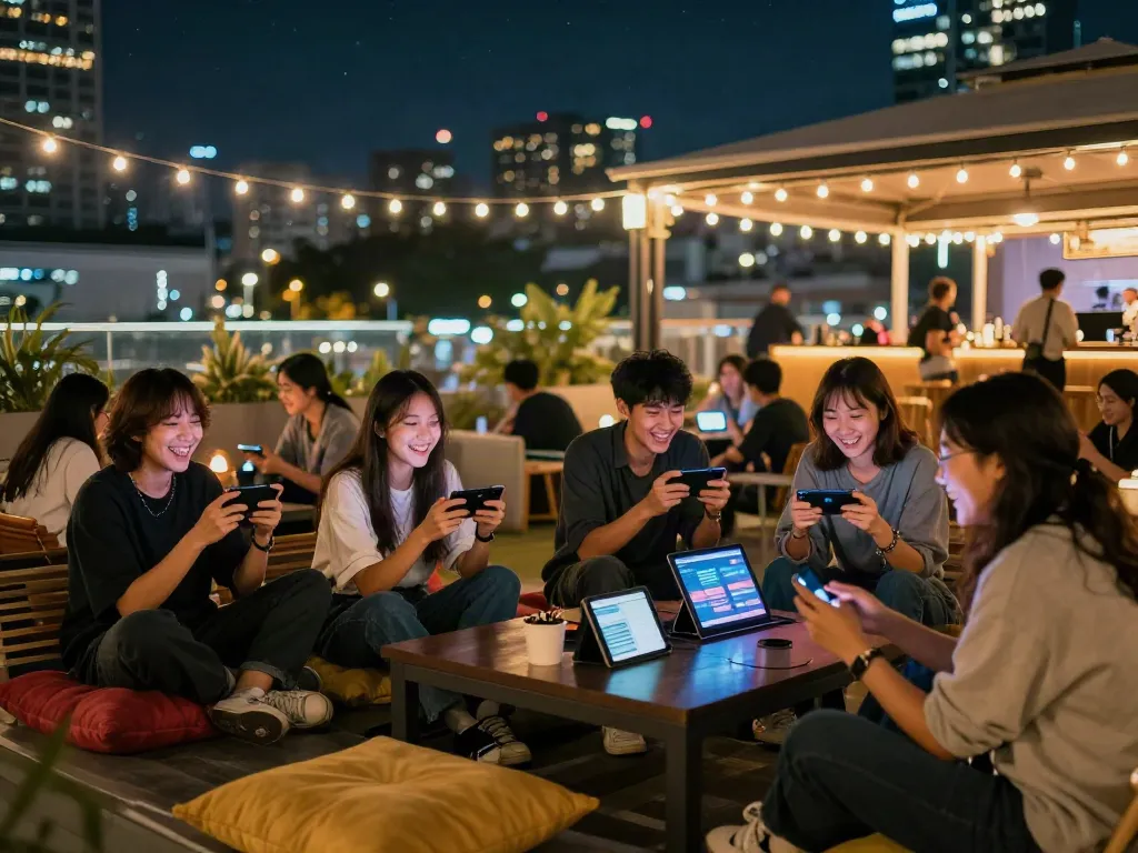 Friends enjoying mobile gaming at an urban lounge, showcasing akunjp gaming culture.
