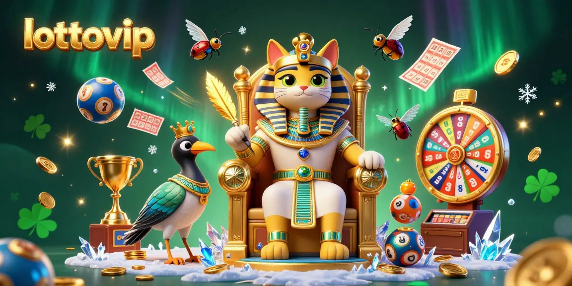 Menghasilkan nomor keberuntungan lottovip dengan ilustrasi 3D kucing firaun di latar belakang baccarat dan mesin lotere.