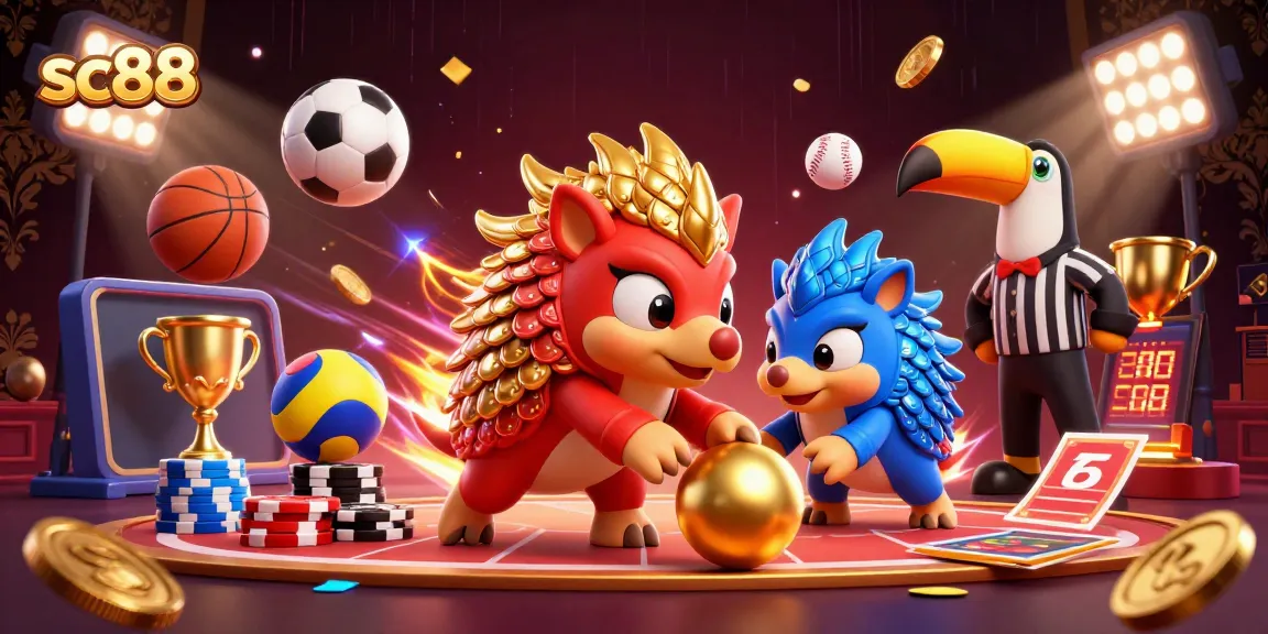 Catch the excitement with SC88 as rival pangolins bowl through poker chips in an action-packed casino scene.