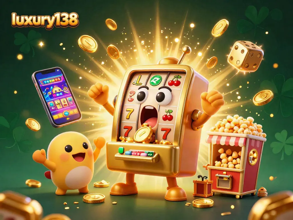 Experience the excitement of luxury138 with a golden slot machine celebrating its jackpot win amidst dynamic casino elements.