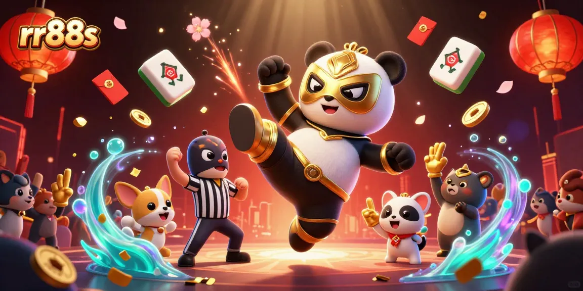 Engage in thrilling gameplay at rr88s with a dynamic casino scene featuring a panda wrestler and vibrant decorations.