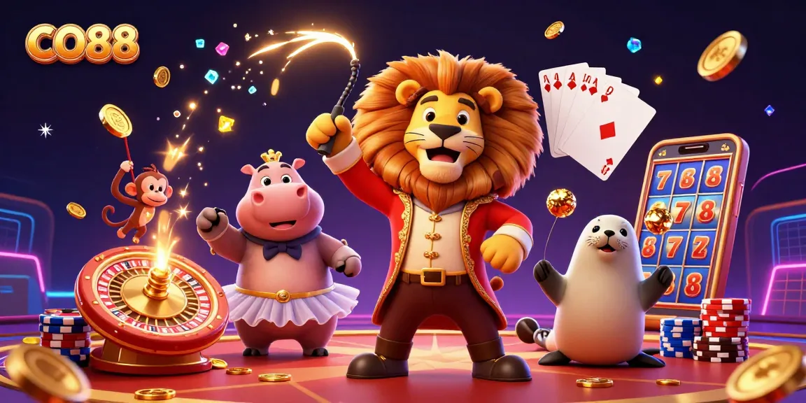 Experience the thrill of CO88 with a vibrant casino scene featuring charismatic characters and exciting game elements.