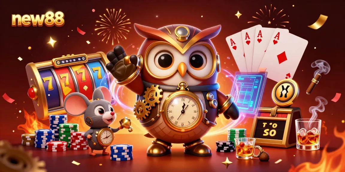 Play thrilling slot games with new88, featuring a vibrant time-traveling owl and steampunk elements in action.