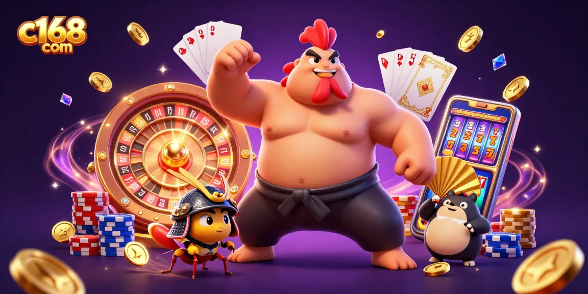Engage with c168 com's dynamic casino illustration showcasing exciting gaming elements and vibrant characters.