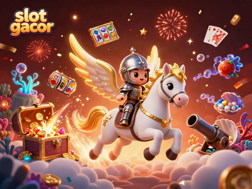 Gambarkan slot gacor dengan kuda putih bersayap emas dan raja kecil, melambung dari peti harta karun berisi koin emas.