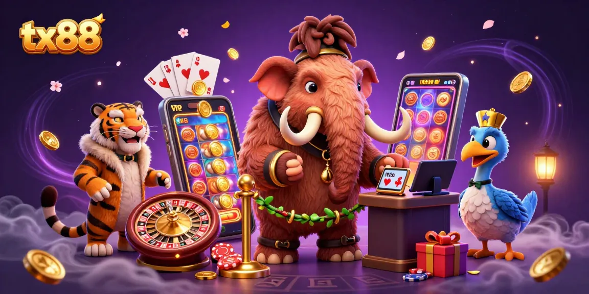 Experience tx88 excitement with a woolly mammoth bouncer, saber-tooth VIP guest, and dodo doorman in a vibrant casino scene.