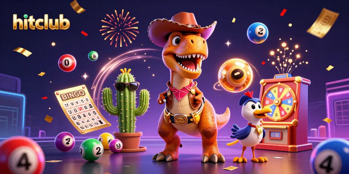 hitclub brings excitement as a cartoon T-Rex dinosaur and friends celebrate winning with colorful lottery elements.