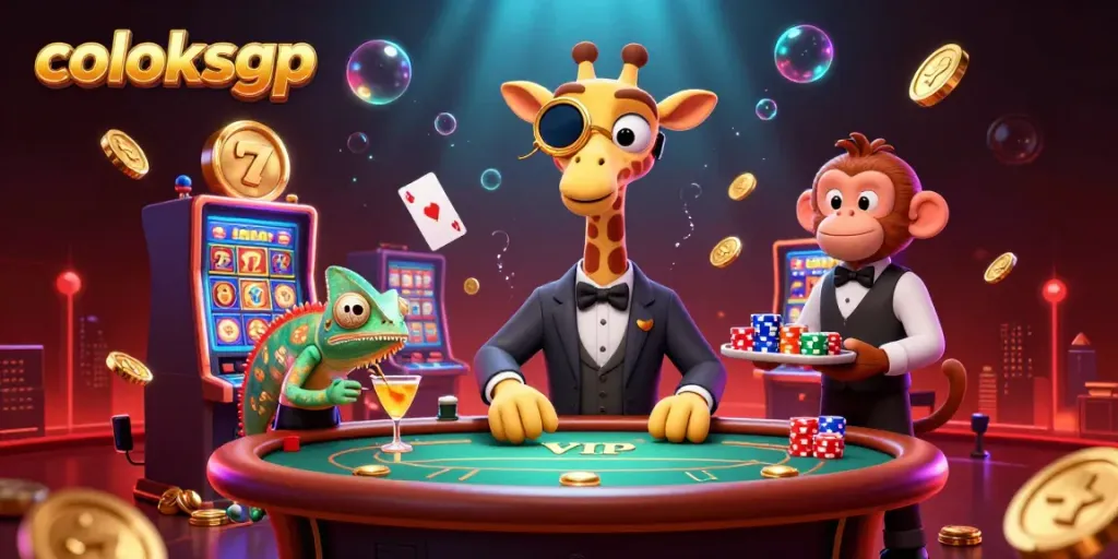 Coloksgp menghadirkan suasana kasino dengan penguin mewah dan mesin slot berkilau.