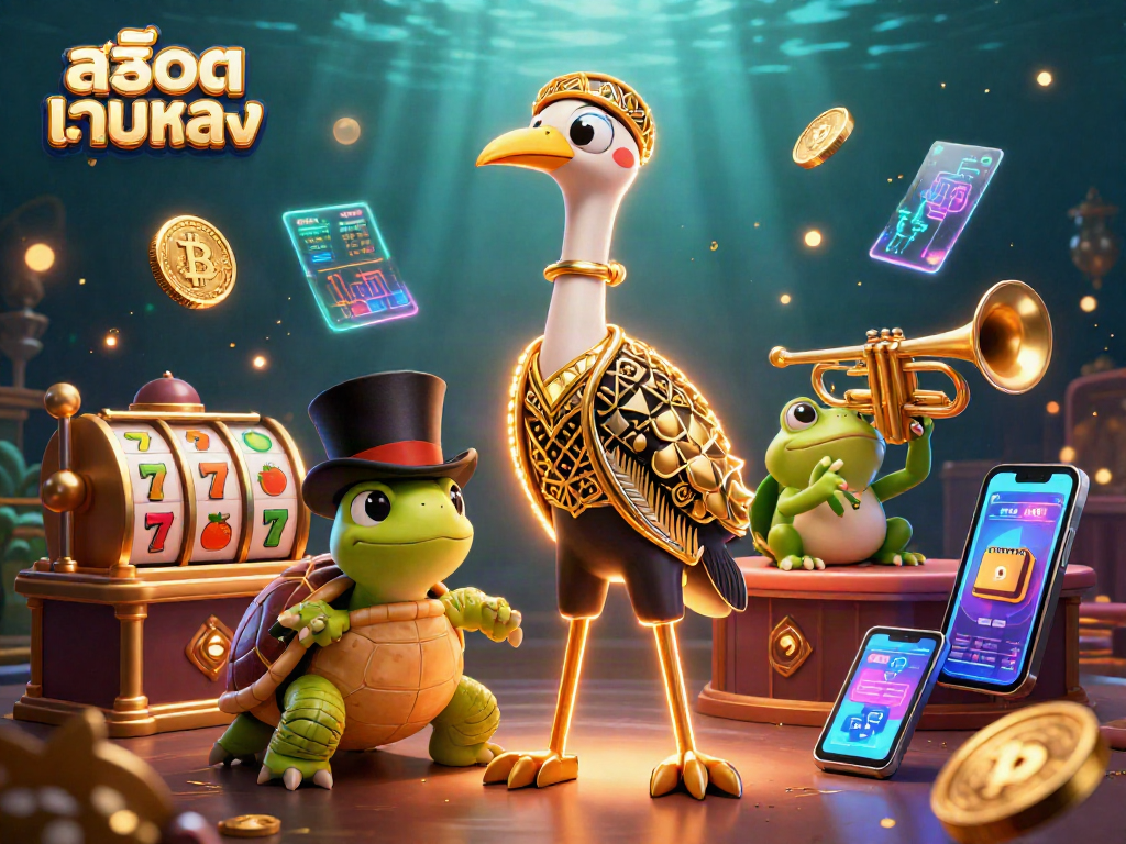Spin the_slots and win with สล็อตเว็บตรง; vibrant scene of casino fun with characters and crypto elements.