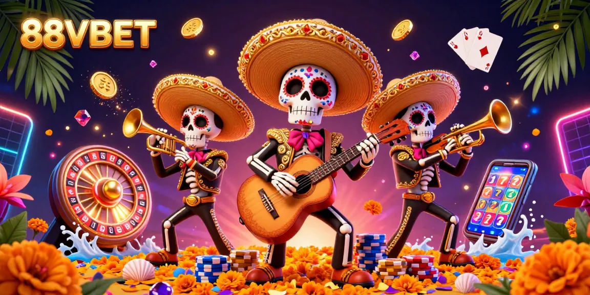 Experience the excitement of 88VBET with a vibrant 3D illustration showcasing a mariachi band amidst a flurry of casino elements.