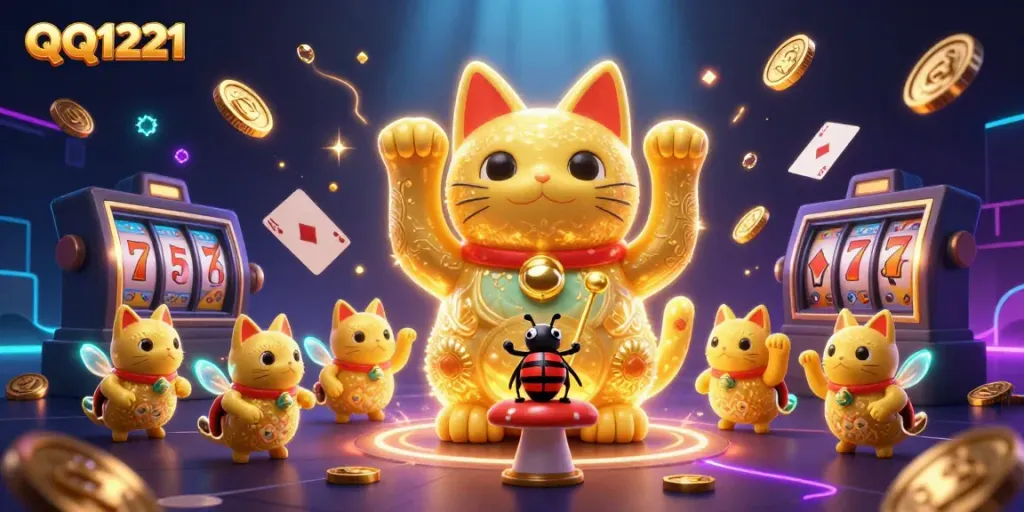 Experience the luck and excitement of QQ1221 in this vibrant casino scene with golden elements.