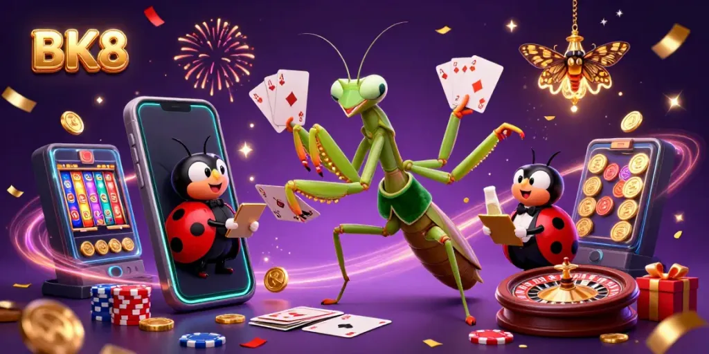 Experience the excitement of BK8 with dynamic characters in a vibrant casino scene featuring colorful game elements and triumphant celebrations.