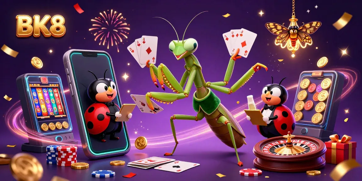 Experience the excitement of BK8 with dynamic characters in a vibrant casino scene featuring colorful game elements and triumphant celebrations.