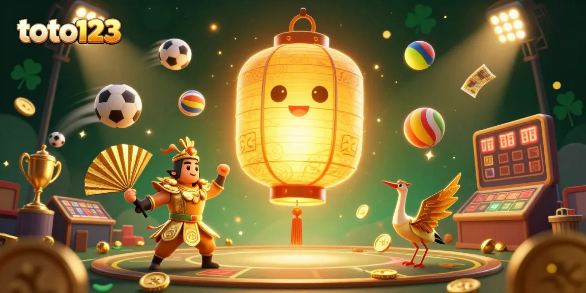 Experience the excitement of toto123 with our vibrant casino illustration featuring lucky symbols, sports elements, and festive characters.