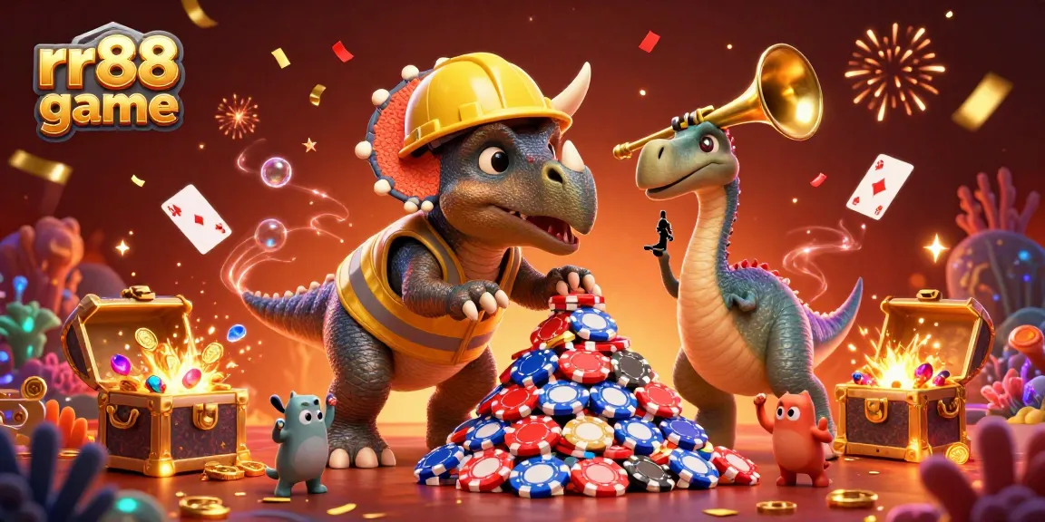 Engage in thrilling gameplay at rr88 game as the triceratops and parasaurolophus celebrate with poker chips and treasure in a vibrant casino scene.