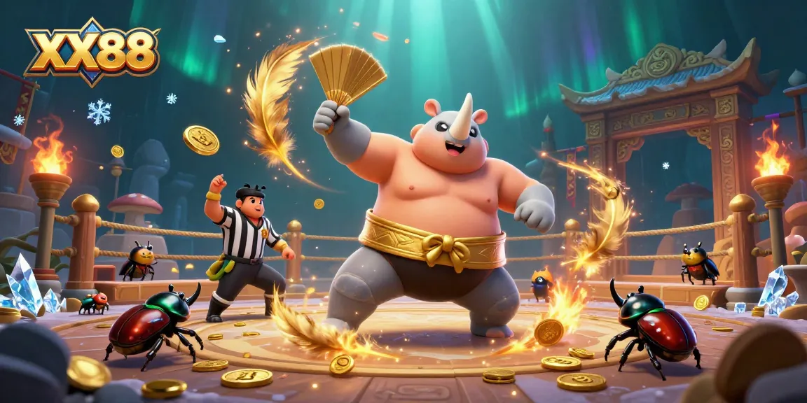 Experience thrilling gameplay with XX88 featuring a sumo champion beetle in an electrifying arena.