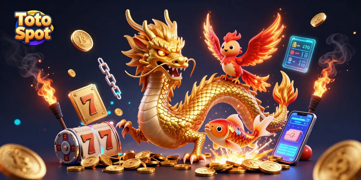 Experience thrilling action with Toto Slot, featuring a golden dragon, vibrant phoenix, and leaping koi amidst abundant game elements.