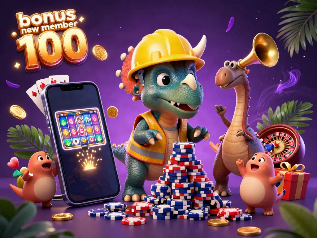 Experience winning excitement with bonus new member 100 in this vibrant 3D casino scene filled with colorful games.