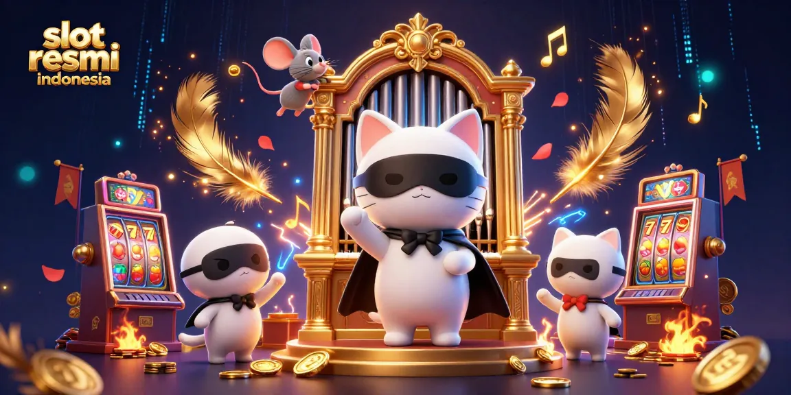 Gambar slot resmi Indonesia menampilkan kucing putih berkepala opera di kasino, dikelilingi koin emas dan simbol slot.