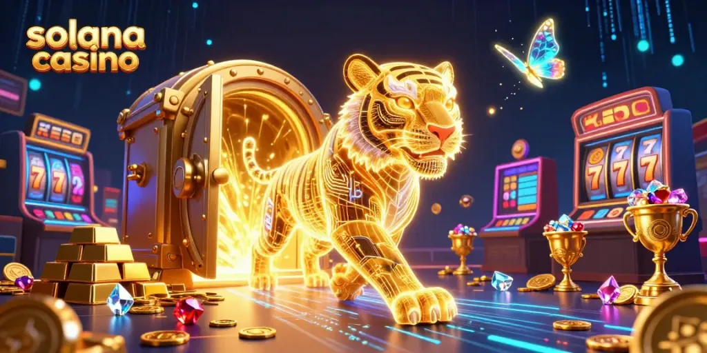 Engage with the solana casino scene featuring a neon golden tiger in a vibrant digital landscape.