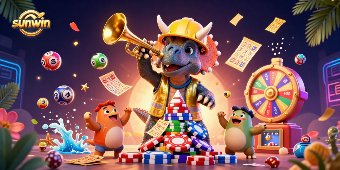 Engage with sunwin's thrilling atmosphere as lively characters celebrate in a dynamic casino scene.