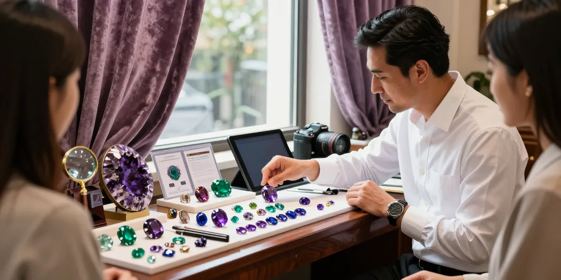 Premium gemstones from https://www.mygemspot.com displayed elegantly by an expert merchant in a sophisticated marketplace.