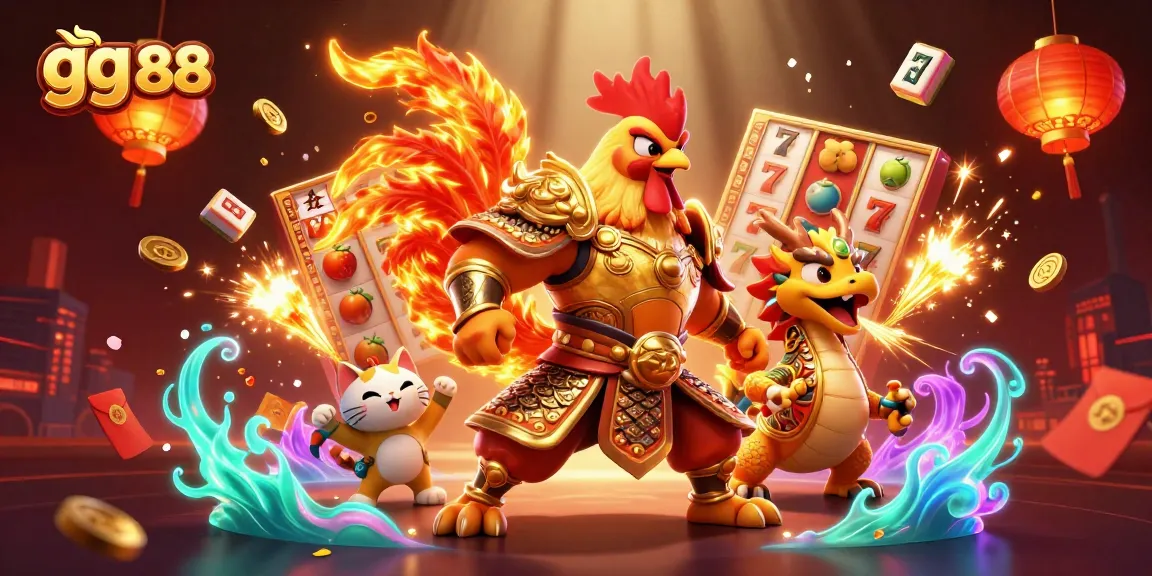 Experience thrilling wins with gg 88's vibrant slot adventure showcasing a rooster warrior and dragon.