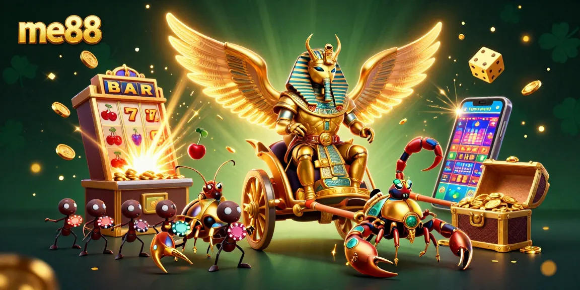 Spin to win at me88 with a vibrant 3D casino-themed illustration featuring golden upgrades and lively characters!