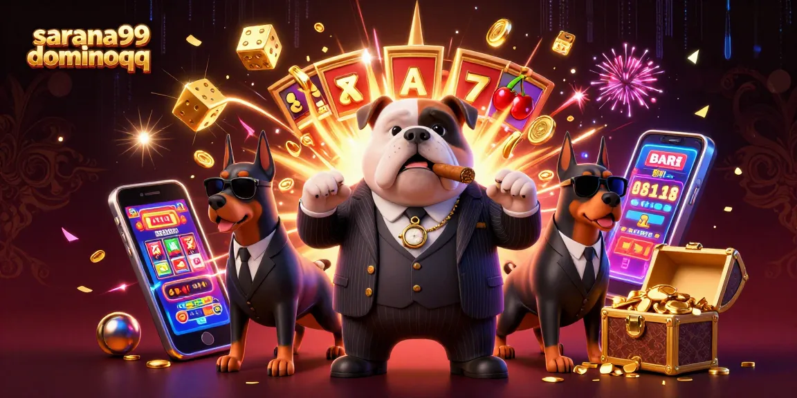 Sarana99 dominoqq showcases a vibrant 3D scene with a mafia bulldog amidst casino elements, offering thrilling gaming action.